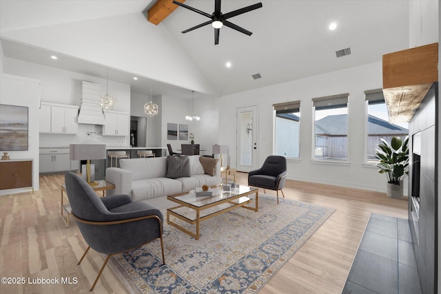 504 Brookshire Ave, Wolfforth, TX 79382 - living room with beam ceiling, a ceiling fan, high vaulted ceiling, light wood-type flooring, and recessed lighting