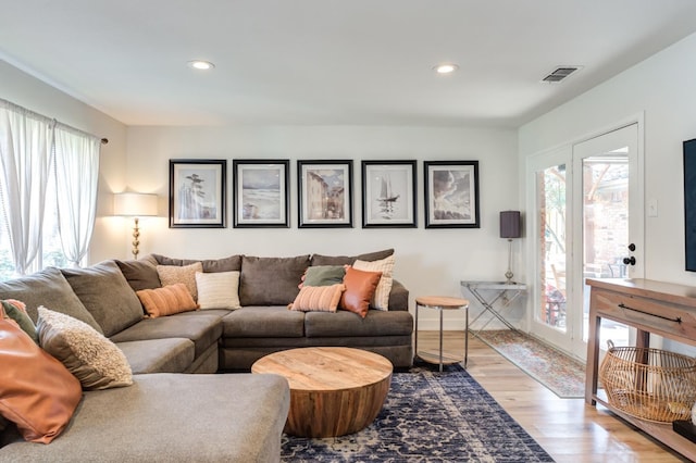 living room with plenty of natural light and light wood-type flooring