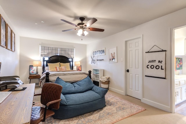 carpeted bedroom featuring ceiling fan