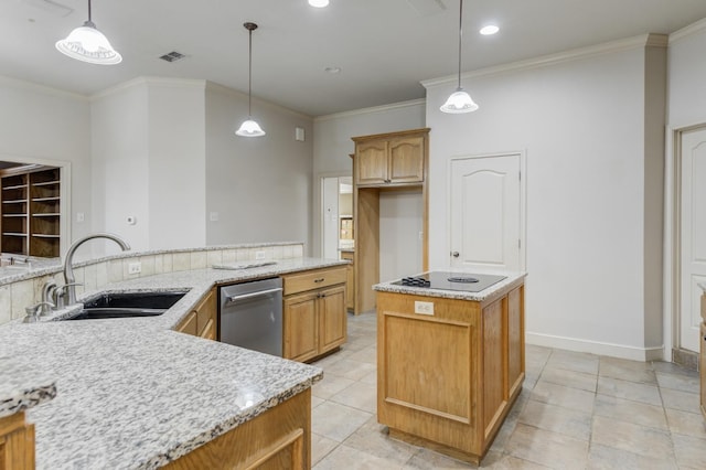 kitchen with crown molding, sink, decorative light fixtures, and stainless steel dishwasher