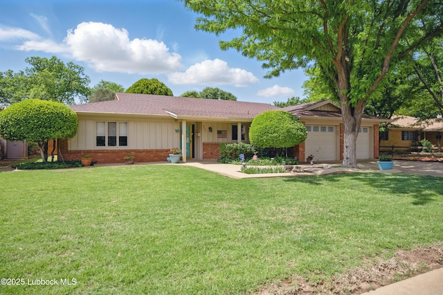 4405 56th St, Lubbock, TX 79414 - single story home featuring brick siding, a garage, board and batten siding, a front lawn, and driveway