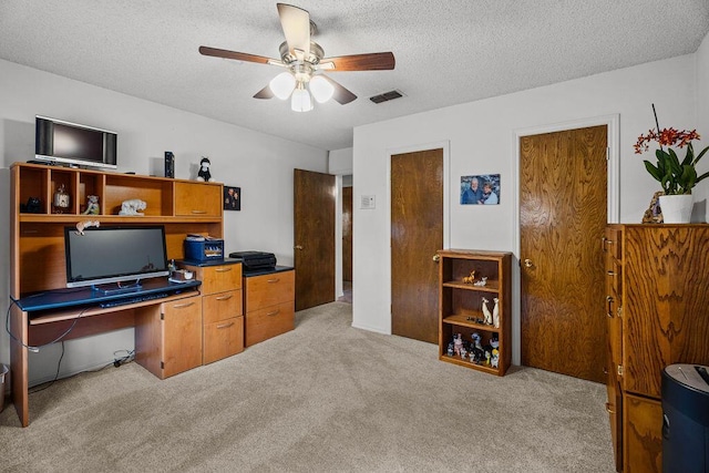 4405 56th St, Lubbock, TX 79414 - home office featuring light colored carpet, ceiling fan, and a textured ceiling