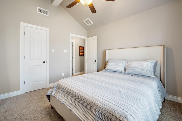 carpeted bedroom featuring lofted ceiling and ceiling fan