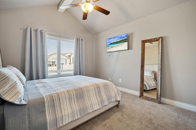 bedroom featuring ceiling fan, carpet, and vaulted ceiling with beams