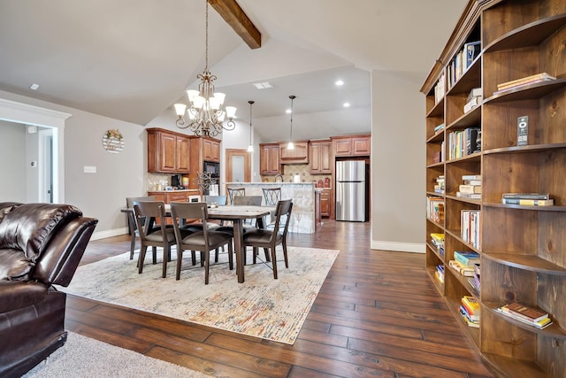 dining space featuring beamed ceiling, dark wood-type flooring, a notable chandelier, and high vaulted ceiling