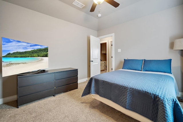 bedroom featuring light carpet and ceiling fan