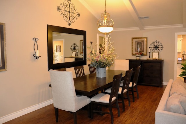 dining space featuring vaulted ceiling with beams, baseboards, visible vents, and dark wood-style flooring