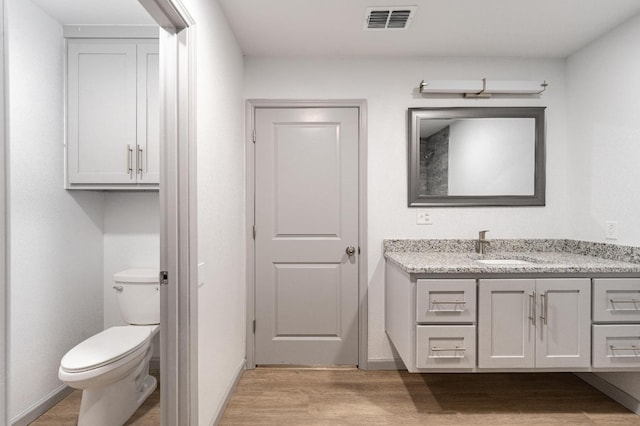 bathroom featuring vanity, wood-type flooring, and toilet