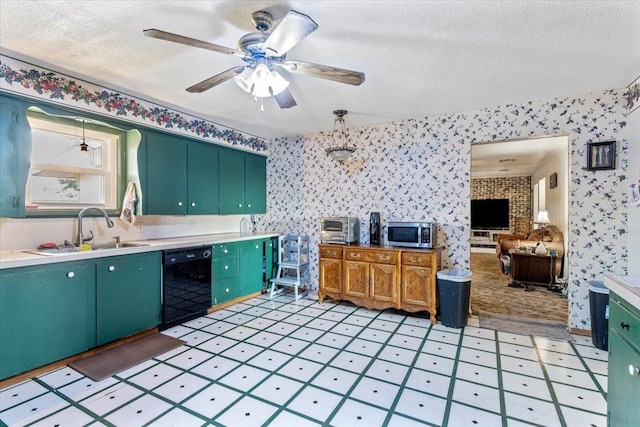 kitchen with sink, ceiling fan, black dishwasher, a textured ceiling, and green cabinetry