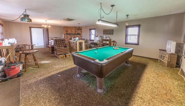 recreation room featuring pool table and dark colored carpet