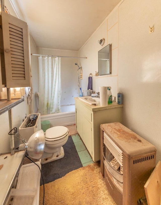 full bathroom featuring shower / tub combo, tile patterned flooring, vanity, vaulted ceiling, and toilet