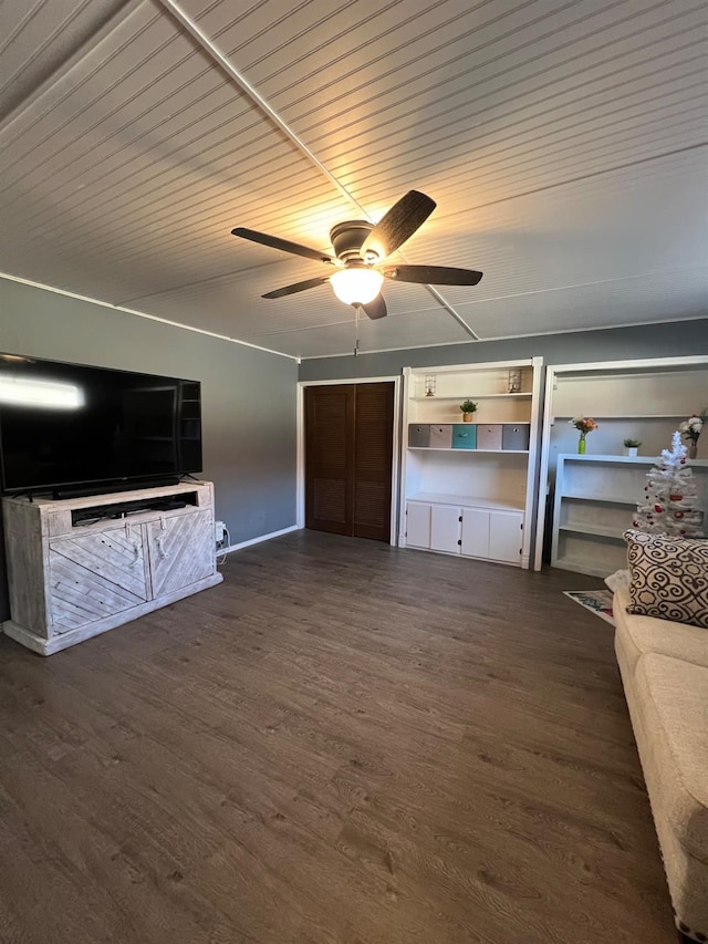 unfurnished living room with wood ceiling, dark hardwood / wood-style floors, and ceiling fan