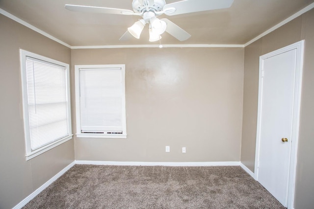 empty room with ornamental molding, ceiling fan, and carpet flooring