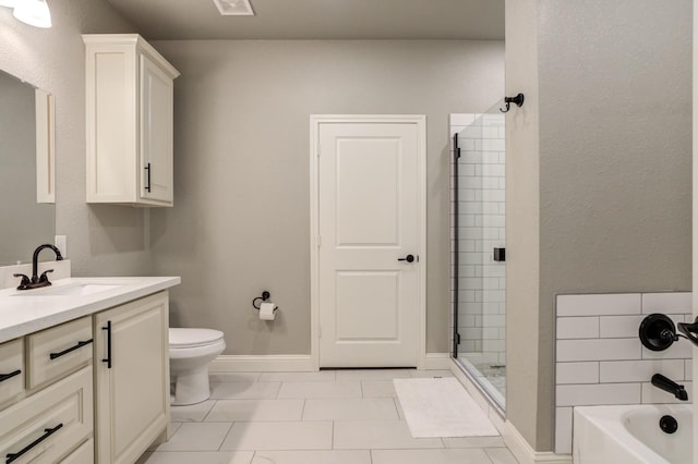 full bathroom with vanity, tile patterned flooring, shower with separate bathtub, and toilet