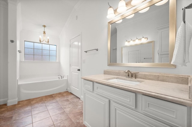 bathroom featuring a tub to relax in, tile patterned flooring, vanity, a notable chandelier, and crown molding