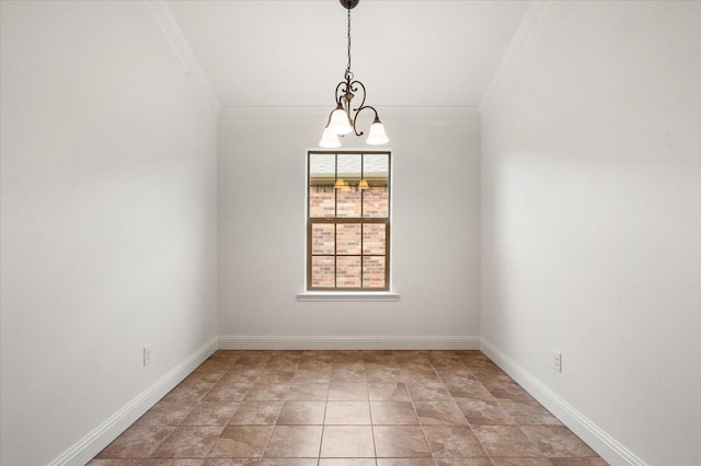 empty room with an inviting chandelier and ornamental molding