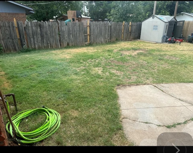 view of yard featuring a storage shed