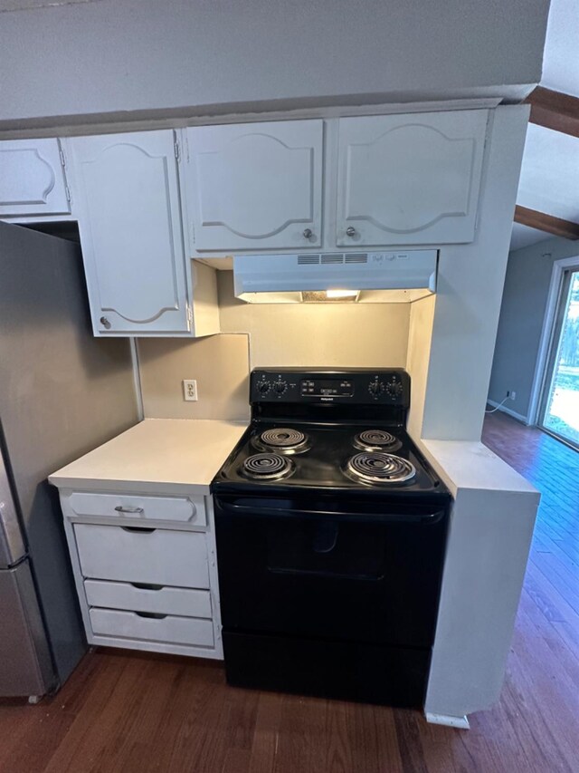 kitchen featuring stainless steel refrigerator, black electric range, white cabinets, and dark hardwood / wood-style flooring