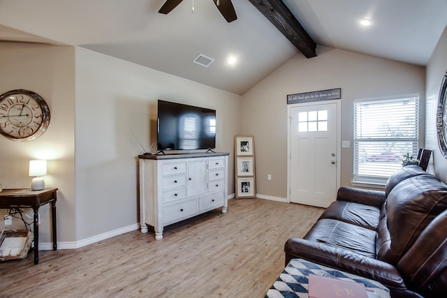 living room with light hardwood / wood-style flooring, lofted ceiling with beams, and ceiling fan