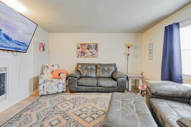 living room with wood-type flooring, a healthy amount of sunlight, and a textured ceiling