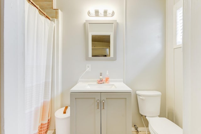 bathroom with vanity, walk in shower, and toilet