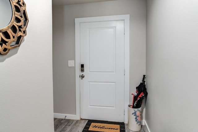 doorway to outside with wood-type flooring