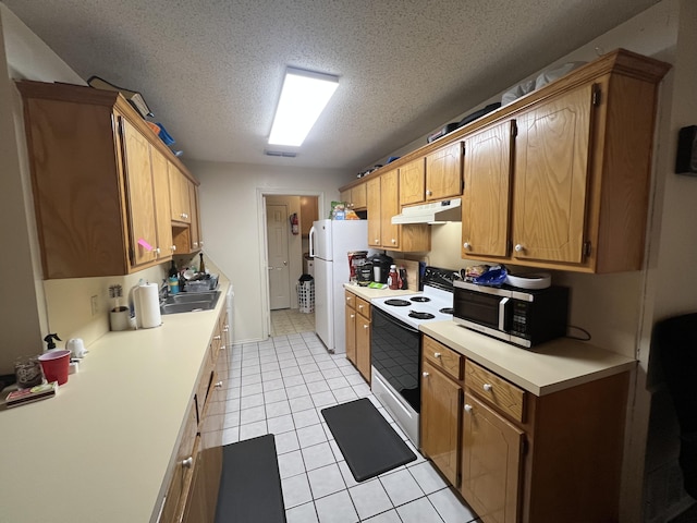 kitchen with electric range, under cabinet range hood, a sink, stainless steel microwave, and freestanding refrigerator