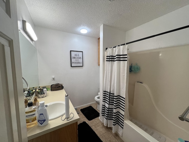 bathroom featuring toilet, a textured ceiling, shower / tub combo, tile patterned flooring, and vanity