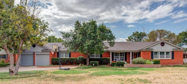 ranch-style house with a garage and a front yard