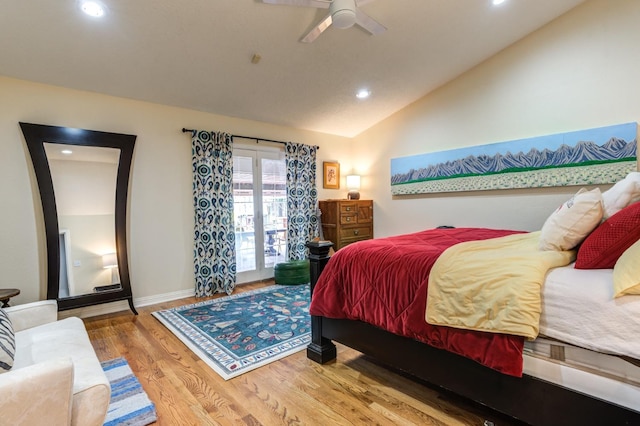 bedroom featuring wood-type flooring, lofted ceiling, and ceiling fan