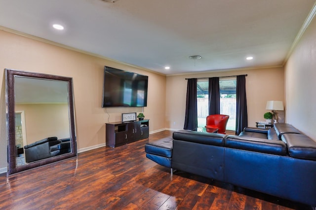 living room featuring crown molding and dark hardwood / wood-style flooring