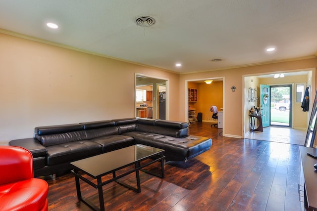 living room with crown molding and dark wood-type flooring