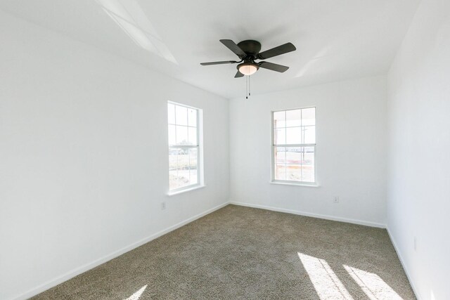 unfurnished room with ceiling fan and carpet