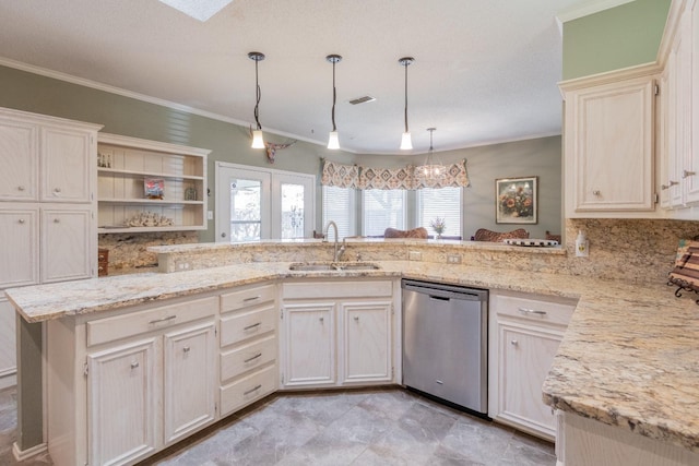 kitchen featuring sink, decorative light fixtures, stainless steel dishwasher, ornamental molding, and kitchen peninsula