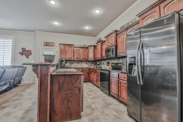 kitchen featuring light tile patterned flooring, sink, backsplash, ornamental molding, and stainless steel appliances