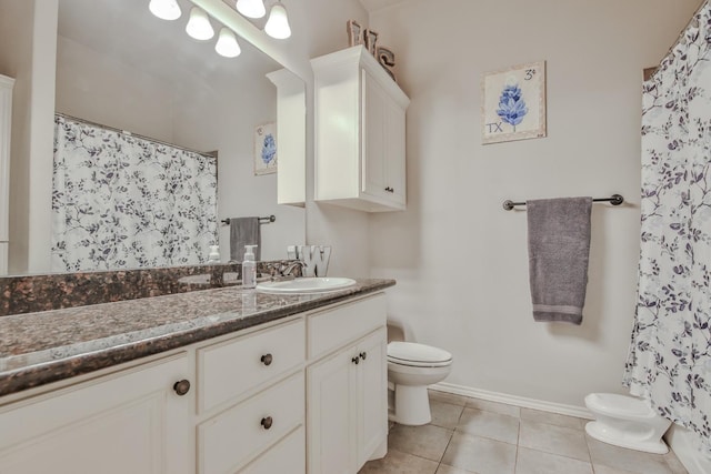 bathroom with vanity, tile patterned floors, and toilet