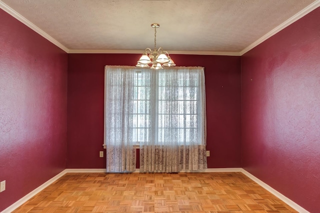 unfurnished dining area featuring an inviting chandelier, light parquet flooring, ornamental molding, and a textured ceiling