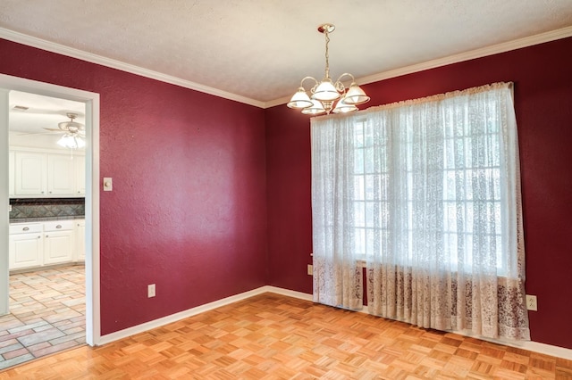 spare room featuring light parquet floors, crown molding, ceiling fan with notable chandelier, and a textured ceiling