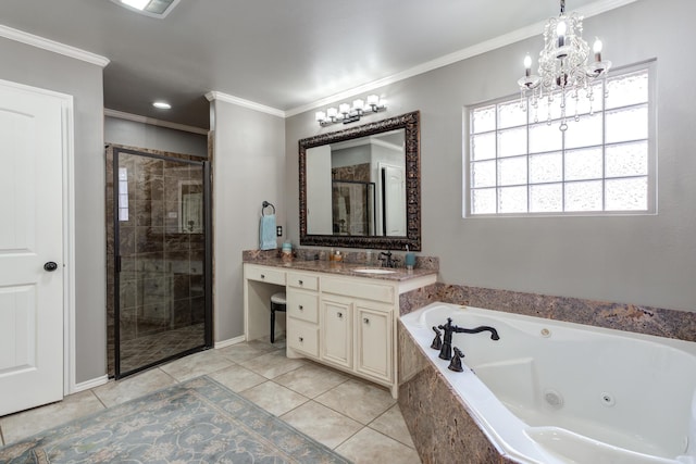 bathroom featuring crown molding, vanity, separate shower and tub, and tile patterned flooring