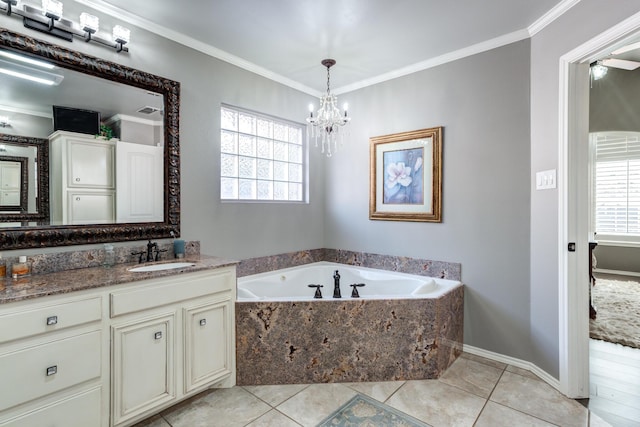 bathroom featuring ornamental molding, tile patterned flooring, vanity, and tiled tub