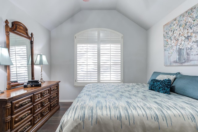 bedroom with vaulted ceiling and dark hardwood / wood-style floors