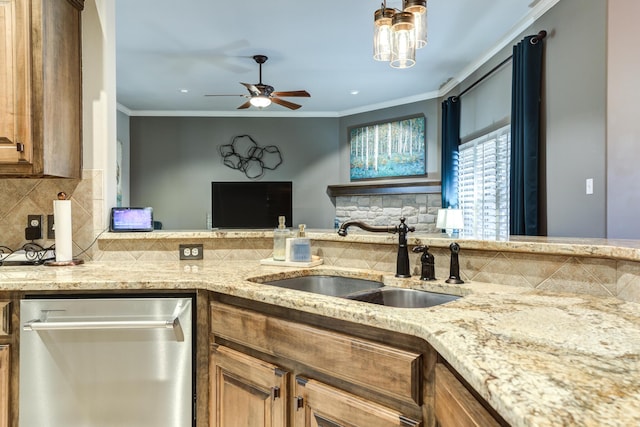 kitchen featuring sink, backsplash, stainless steel dishwasher, ceiling fan, and crown molding