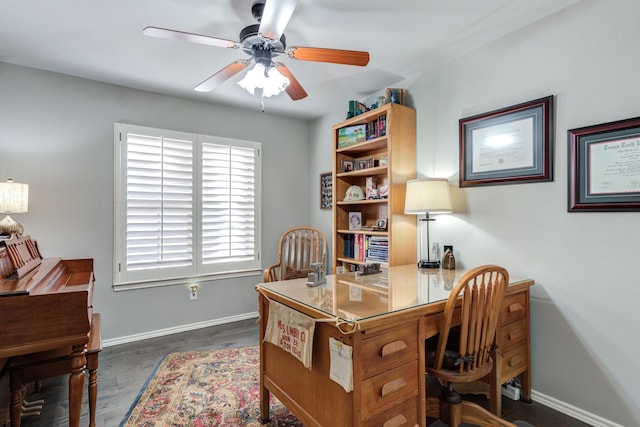 office with dark wood-type flooring and ceiling fan