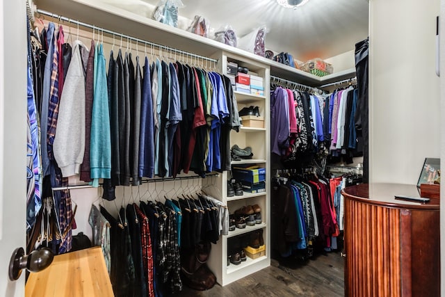 spacious closet with dark hardwood / wood-style floors