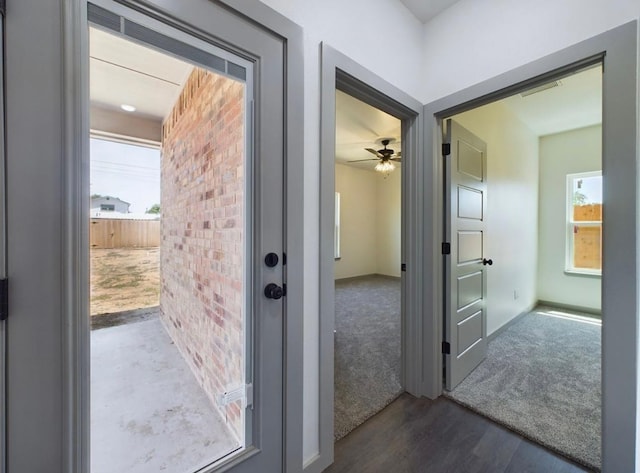 doorway featuring dark wood-type flooring and brick wall