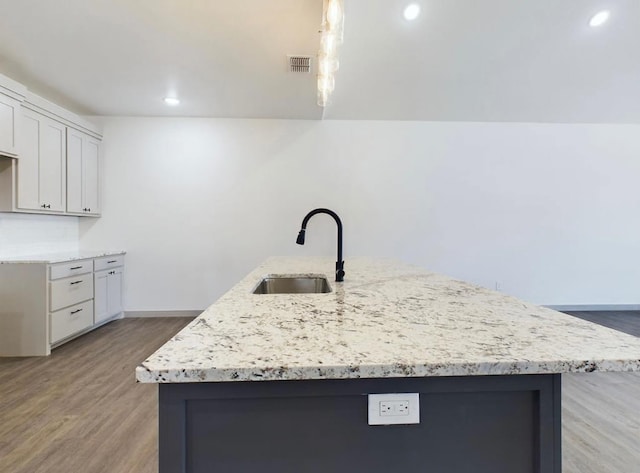 kitchen featuring an island with sink, sink, and light hardwood / wood-style floors