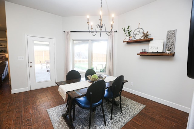 dining room with dark wood-type flooring and a chandelier