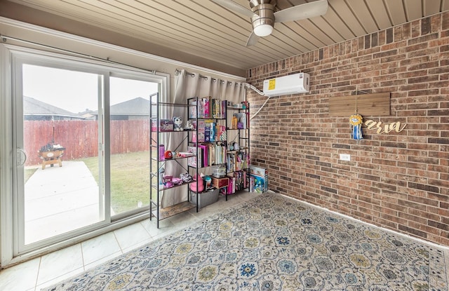 unfurnished room featuring brick wall, an AC wall unit, tile patterned flooring, ceiling fan, and wood ceiling