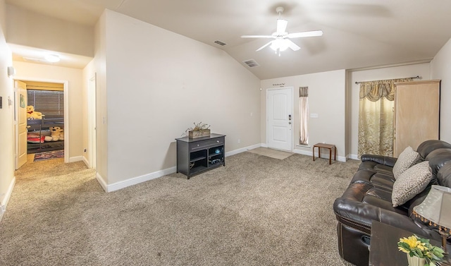 interior space with ceiling fan and vaulted ceiling