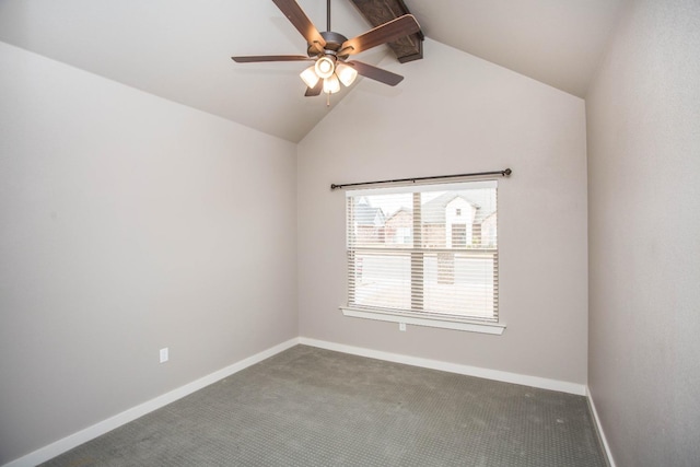 carpeted empty room featuring lofted ceiling with beams and ceiling fan